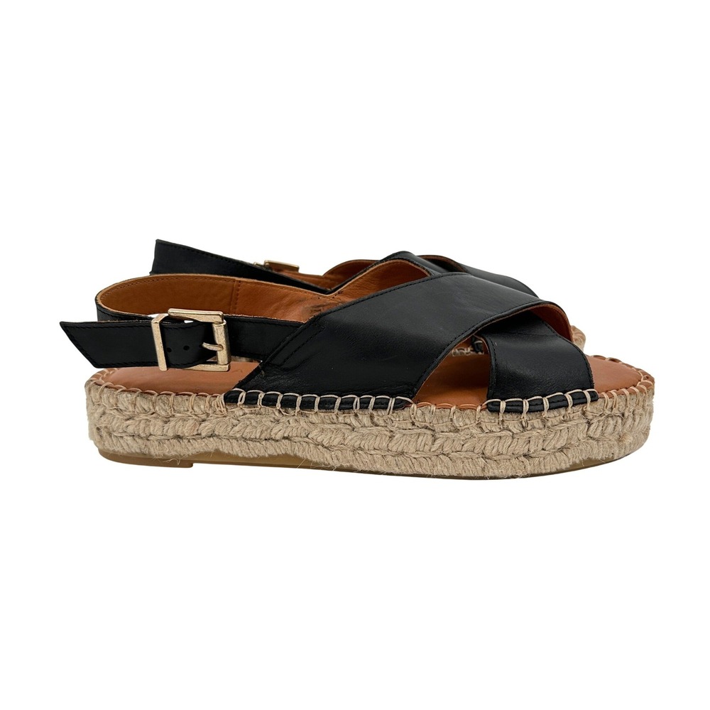 ALOHAS Women Black Leather Crossed Espadrille Platform Sandals 38 / US 7-7.5
